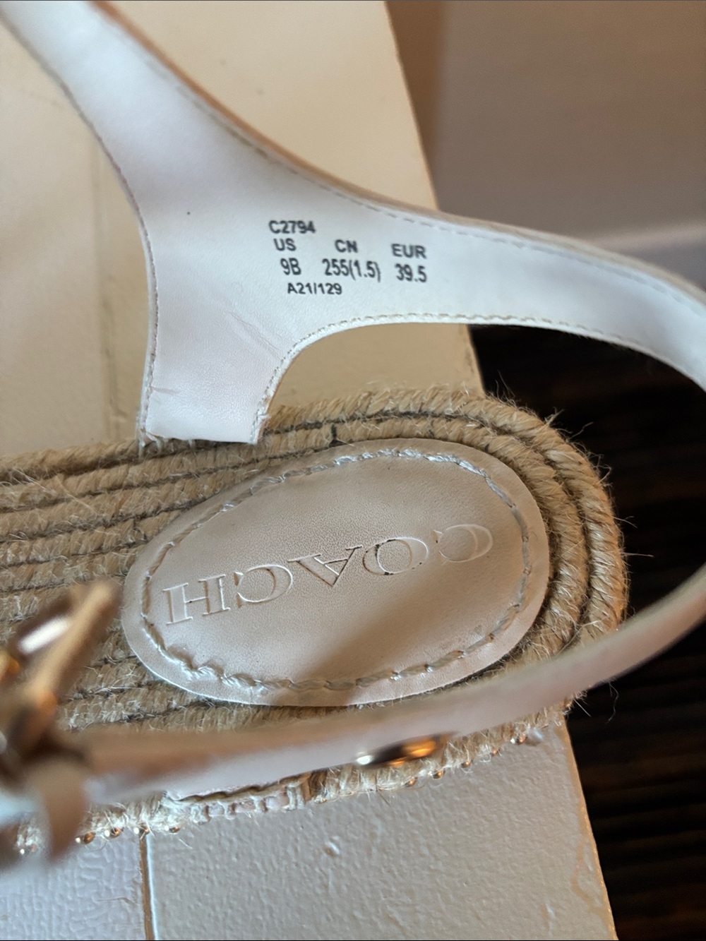 Coach White Leather Espadrille Sandals with Gold Accents - Picture 2 of 9